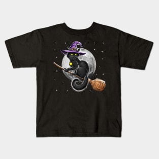 Cat Witch Riding Broom Kids T-Shirt